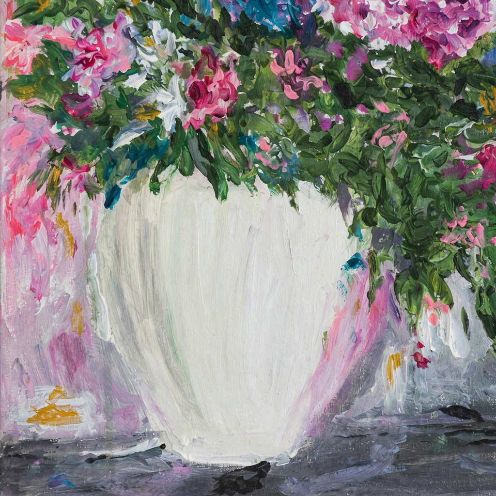 Sogno in Rosa, dettaglio del vaso bianco e delle foglie.