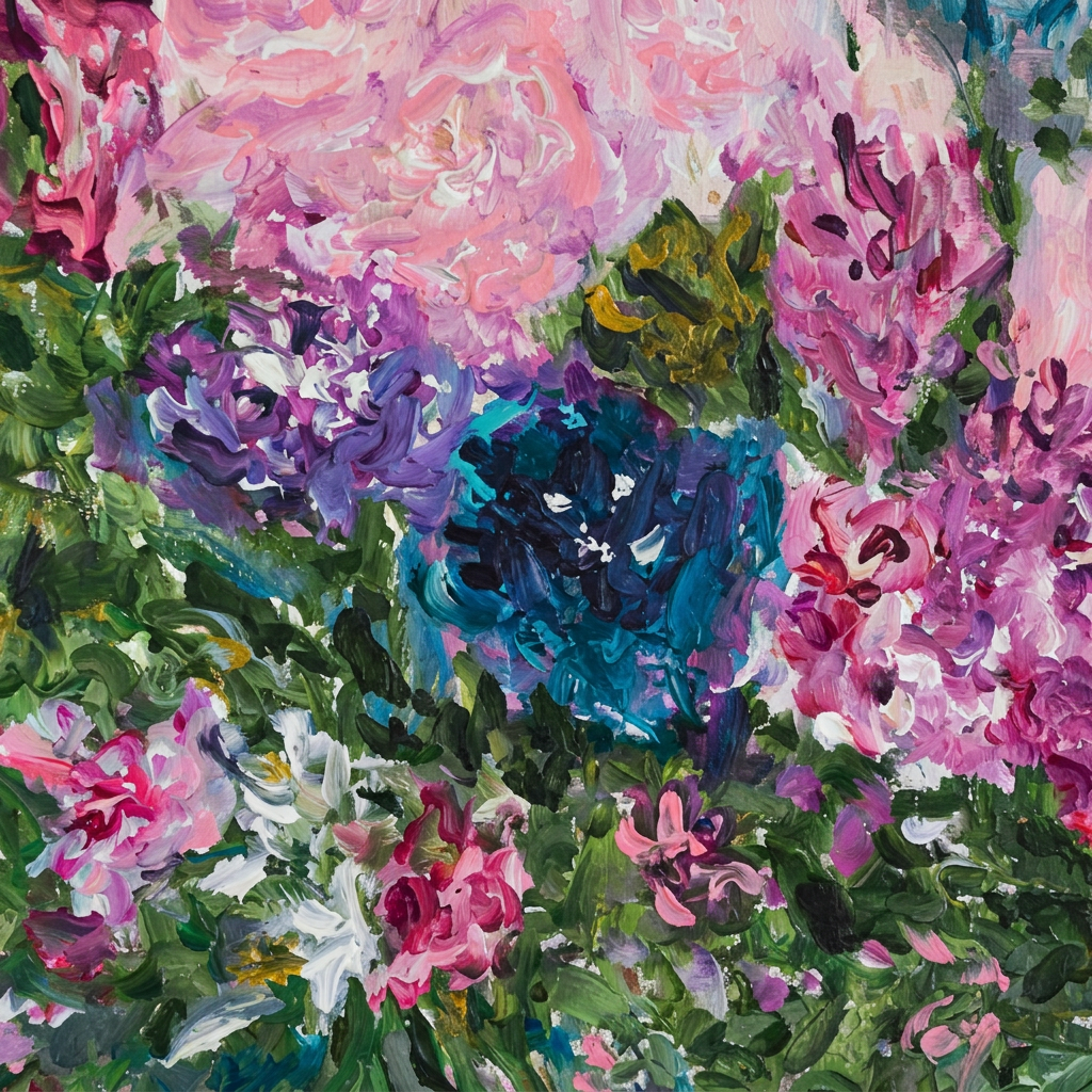 Sogno in Rosa, dettaglio dei fiori blu e lilla tra le foglie verdi.