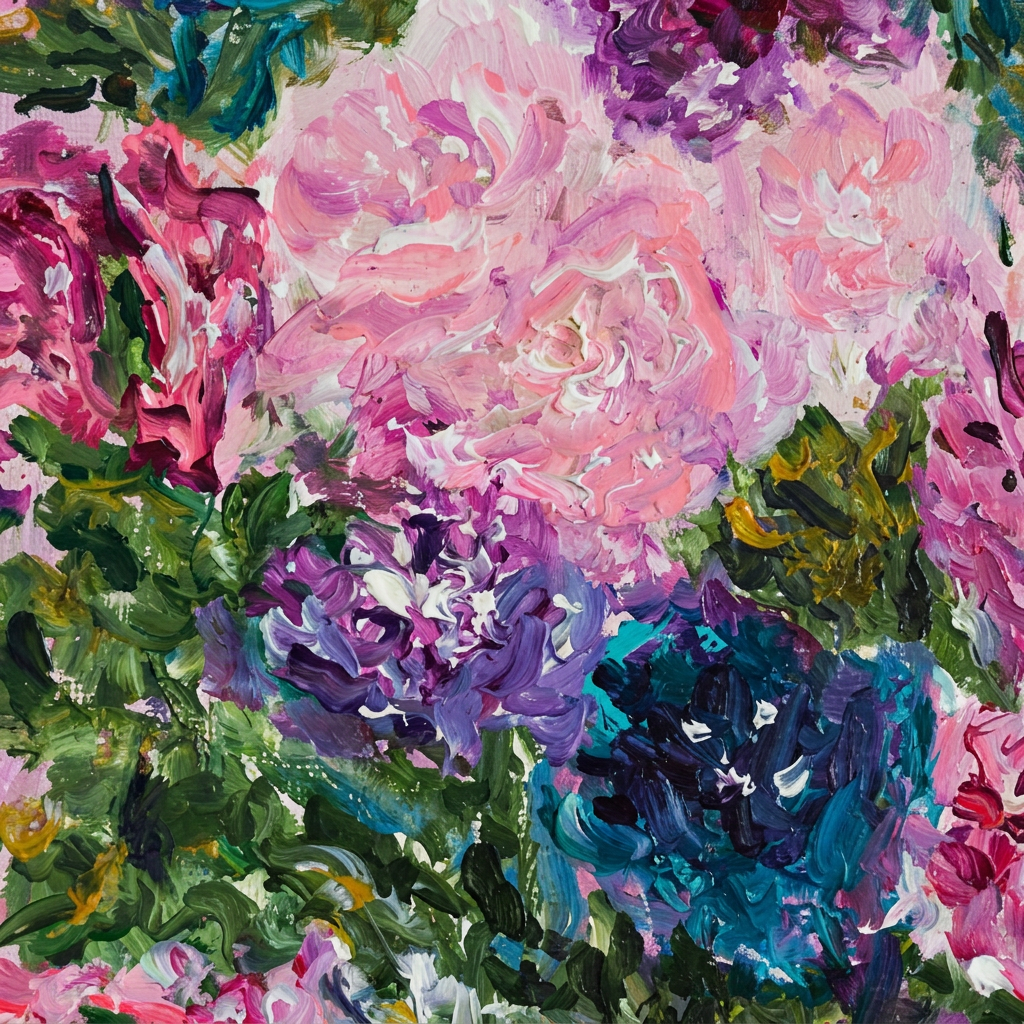 Sogno in Rosa, dettaglio dei fiori rosa e viola.